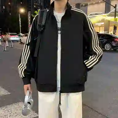 半空山 半空山美式复古高街学院风潮流撞色侧边条纹小米格立领防泼水时尚百搭宽松舒适简约夹克 男女同款