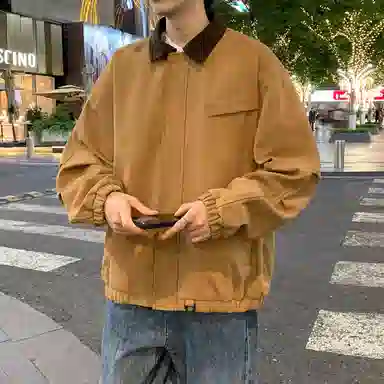 半空山 半空山美式复古高街纯色撞色灯芯绒翻领纯棉厚实潮流时尚百搭宽松舒适夹克 男女同款