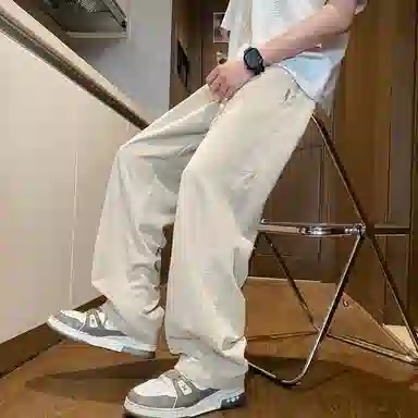 半空山 美式复古纯色简约基础款打孔设计轻薄舒适透气品牌汉字刺绣系带金属贴片百搭宽松直筒阔腿休闲裤 男女同款