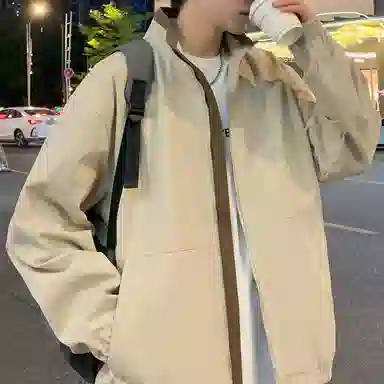 半空山 半空山美式复古高街纯色撞色立领免洗棉水洗猫眼拼接高级设计感潮流时尚百搭宽松舒适夹克 男女同款