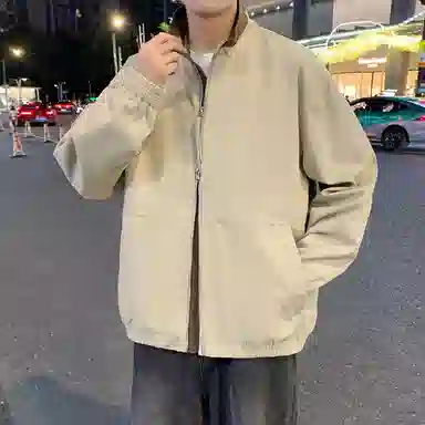半空山 半空山美式复古高街纯色撞色立领免洗棉水洗猫眼拼接高级设计感潮流时尚百搭宽松舒适夹克 男女同款