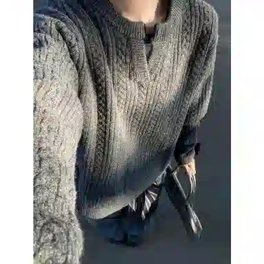 半空山 美式复古麻花设计慵懒高级感内搭叠穿打底衫亲肤透气百搭舒适亨利领宽松套头针织衫 男女同款