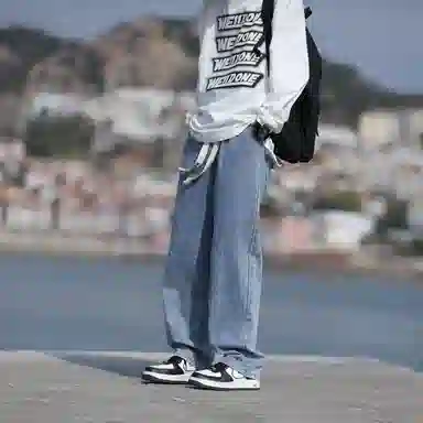 半空山 美式复古水洗做旧松紧腰品牌汉字系带刺绣舒适柔软透气高街通勤百搭直筒牛仔裤 男女同款