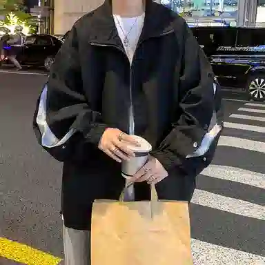 半空山 半空山美式复古高街纯色基础款简约侧边拼接可开纽扣立领山系户外时尚百搭宽松舒适飞行员冲锋夹克 男女同款