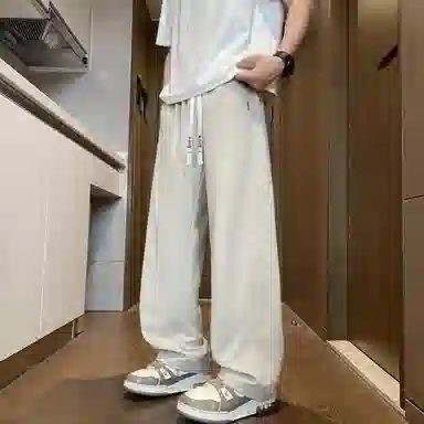 半空山 美式复古纯色简约基础款打孔设计轻薄舒适透气品牌汉字刺绣系带金属贴片百搭宽松直筒阔腿休闲裤 男女同款