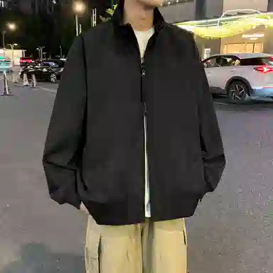 半空山 半空山美式复古高街纯色基础款扎染罗纹拉链双开潮流时尚百搭立领夹克 男女同款