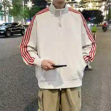 半空山 半空山美式复古高街学院风潮流撞色侧边条纹小米格立领防泼水时尚百搭宽松舒适简约夹克 男女同款