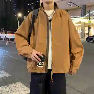 半空山 半空山美式复古高街纯色撞色立领免洗棉水洗猫眼拼接高级设计感潮流时尚百搭宽松舒适夹克 男女同款