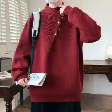 半空山 纯色简约不规则纽扣领口设计学院风潮流宽松软糯舒适亲肤透气百搭休闲日常通勤老钱高质感针织衫 男女同款