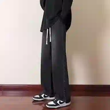 半空山 美式高街复古水洗做旧松紧腰纯色基础款学院风宽松百搭柔软舒适透气直筒牛仔裤 男女同款