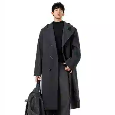 半空山 秋季韩系中长款毛呢连帽 过膝显瘦大衣外套 男女同款