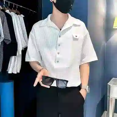半空山 半空山复古港风褶皱纯色痞帅肌理感设计简约时尚百搭休闲宽松短袖衬衫 男女同款