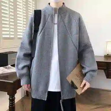 半空山 纯色简约基础款立体分割线设计感开衫外套宽松百搭柔软舒适亲肤不扎肉重磅高质感立领针织衫 男女同款