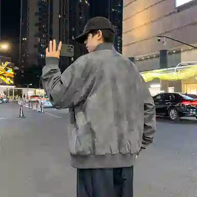半空山 半空山美式复古高街纯色基础款扎染罗纹拉链双开潮流时尚百搭立领夹克 男女同款