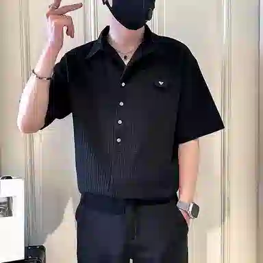半空山 半空山复古港风褶皱纯色痞帅肌理感设计简约时尚百搭休闲宽松短袖衬衫 男女同款