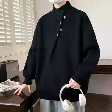半空山 纯色简约不规则纽扣领口设计学院风潮流宽松软糯舒适亲肤透气百搭休闲日常通勤老钱高质感针织衫 男女同款