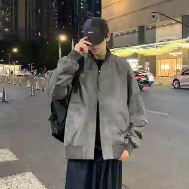 半空山 半空山美式复古高街纯色基础款扎染罗纹拉链双开潮流时尚百搭立领夹克 男女同款