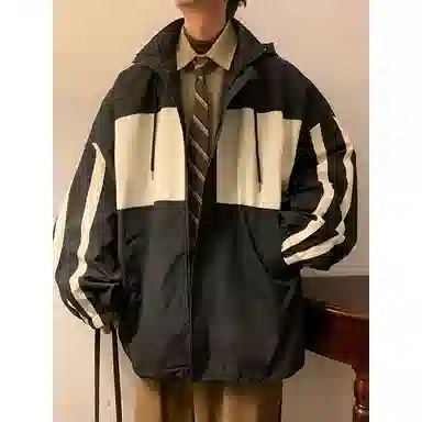 半空山 半空山美式复古高街撞色基础条纹连帽简约高级设计感时尚百搭宽松舒适飞行员夹克外套 男女同款
