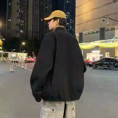 半空山 半空山美式复古高街纯色撞色立领免洗棉水洗猫眼拼接高级设计感潮流时尚百搭宽松舒适夹克 男女同款