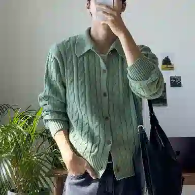 半空山 韩系慵懒风粗麻花高级感开衫外套软糯舒适亲肤透气翻领针织衫 男女同款