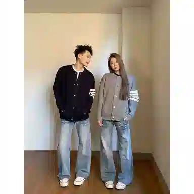半空山 美式复古经典条纹四条杠撞色设计简约舒适亲肤不扎肉松弛慵懒老钱风潮流宽松休闲时尚百搭内搭外穿两用针织衫 男女同款