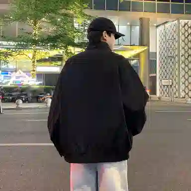 半空山 半空山美式复古高街纯色基础款纯棉拼接金属按扣潮流时尚百搭飞行员夹克 男女同款