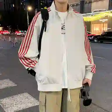 半空山 半空山美式复古高街学院风潮流撞色侧边条纹小米格立领防泼水时尚百搭宽松舒适简约夹克 男女同款