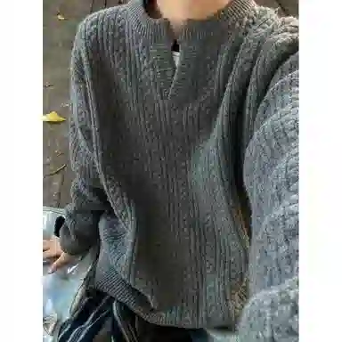 半空山 美式复古麻花设计慵懒高级感内搭叠穿打底衫亲肤透气百搭舒适亨利领宽松套头针织衫 男女同款