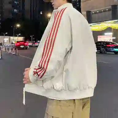 半空山 半空山美式复古高街学院风潮流撞色侧边条纹小米格立领防泼水时尚百搭宽松舒适简约夹克 男女同款