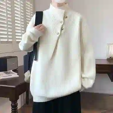 半空山 纯色简约不规则纽扣领口设计学院风潮流宽松软糯舒适亲肤透气百搭休闲日常通勤老钱高质感针织衫 男女同款