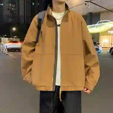 半空山 半空山美式复古高街纯色撞色立领免洗棉水洗猫眼拼接高级设计感潮流时尚百搭宽松舒适夹克 男女同款