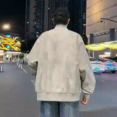 半空山 半空山美式复古高街纯色基础款扎染罗纹拉链双开潮流时尚百搭立领夹克 男女同款