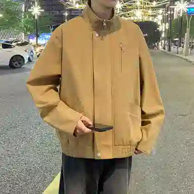 半空山 半空山美式复古高街纯色基础款纯棉拼接金属按扣潮流时尚百搭飞行员夹克 男女同款