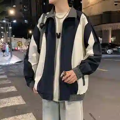 半空山 半空山美式复古高街拼接撞色高级设计感小米格面防泼水潮流时尚百搭立领夹克 男女同款