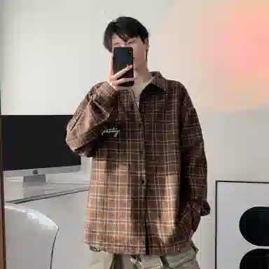 曼城 美式街头时尚个性复古单排扣格子慵懒风翻领夹克外套情侣款男友风长袖衬衫 男女同款