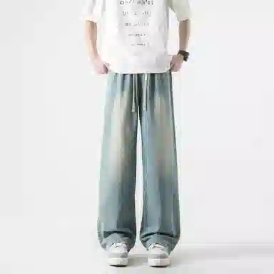美式高街夏季薄款水洗做旧宽松直筒阔腿百搭休闲裤牛仔裤 男女同款