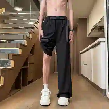 曼城 速干冰丝薄款美式宽松直筒阔腿松紧腰垂感百搭休闲裤 男女同款