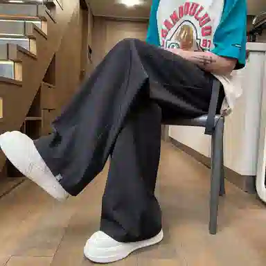 曼城 速干冰丝薄款美式宽松直筒阔腿松紧腰垂感百搭休闲裤 男女同款