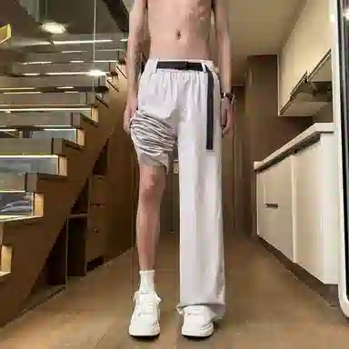 曼城 速干冰丝薄款美式宽松直筒阔腿松紧腰垂感百搭休闲裤 男女同款