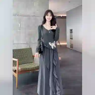 桴生 法式秋季蝴蝶元素收腰显瘦不规则设计感长裙长袖连衣裙 女款