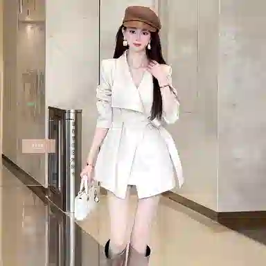 桴生 韩系秋季时尚绑带长袖西服与复古翻领收腰尽显高级气质风衣 女款