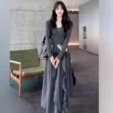 桴生 法式秋季蝴蝶元素收腰显瘦不规则设计感长裙长袖连衣裙 女款