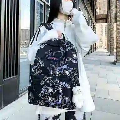 草丛喵喵喵 潮流休闲大容量可爱涂鸦双肩包 情侣男女同款 背包高中大学生尼龙书包 常规 宇航员图案/字母图案/小熊图案