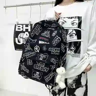 草丛喵喵喵 潮流休闲大容量可爱涂鸦双肩包 情侣男女同款 背包高中大学生尼龙书包 常规 宇航员图案/字母图案/小熊图案