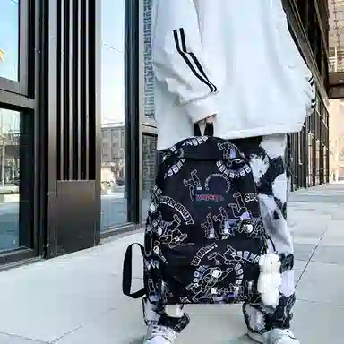 草丛喵喵喵 潮流休闲大容量可爱涂鸦双肩包 情侣男女同款 背包高中大学生尼龙书包 常规 宇航员图案/字母图案/小熊图案