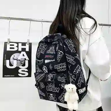 草丛喵喵喵 潮流休闲大容量可爱涂鸦双肩包 情侣男女同款 背包高中大学生尼龙书包 常规 宇航员图案/字母图案/小熊图案