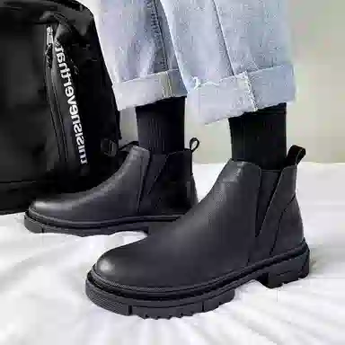 铭意途 超纤皮 圆头厚底 舒适百搭  增高耐磨 短筒 切尔西靴 男款 黑色