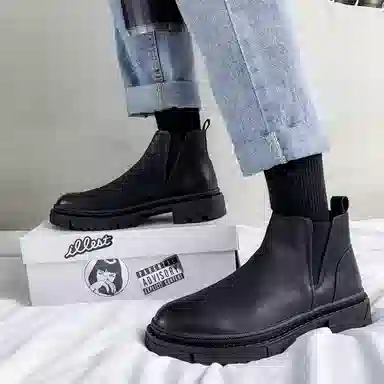 铭意途 超纤皮 圆头厚底 舒适百搭  增高耐磨 短筒 切尔西靴 男款 黑色