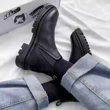 铭意途 超纤皮 圆头厚底 舒适百搭  增高耐磨 短筒 切尔西靴 男款 黑色