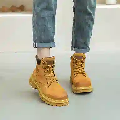 季季駺品 头层猪皮 舒适时尚 短筒 马丁靴 男女同款 黄色